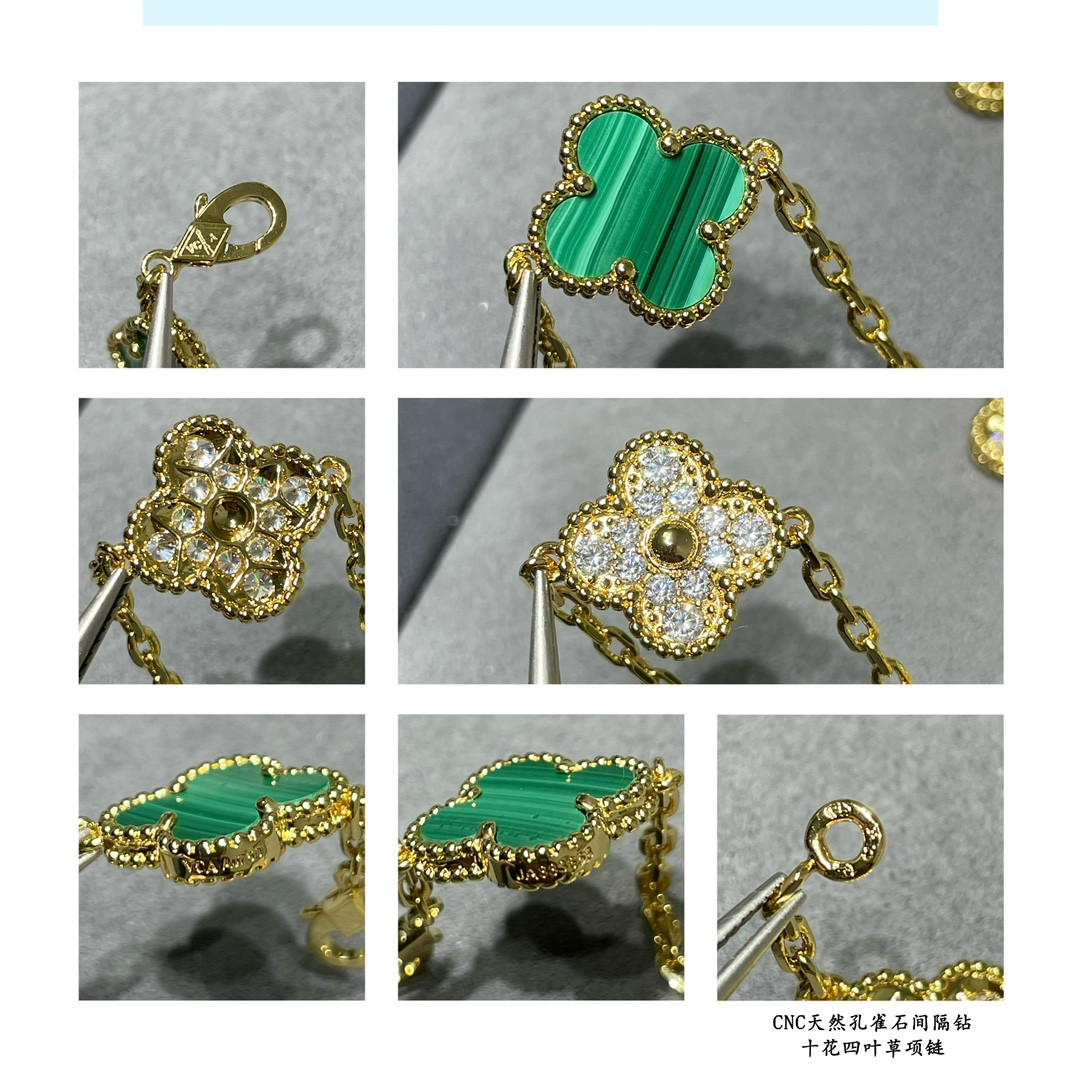 v*n cl*f & arpels natural malachite interval Di*m*nd ten flower four leaf clover necklace