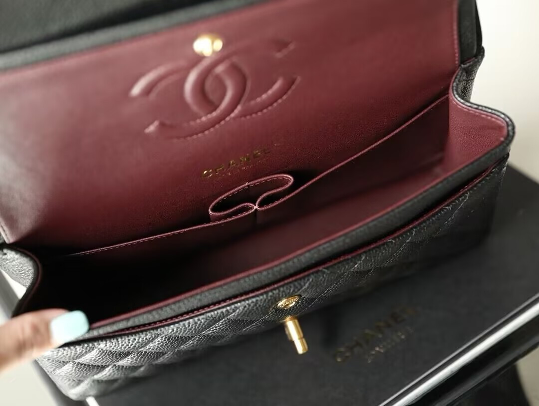 Ch*el small classic handbag grained calfskin & gold-tone metal black 5.7 × 9 × 2.3 in