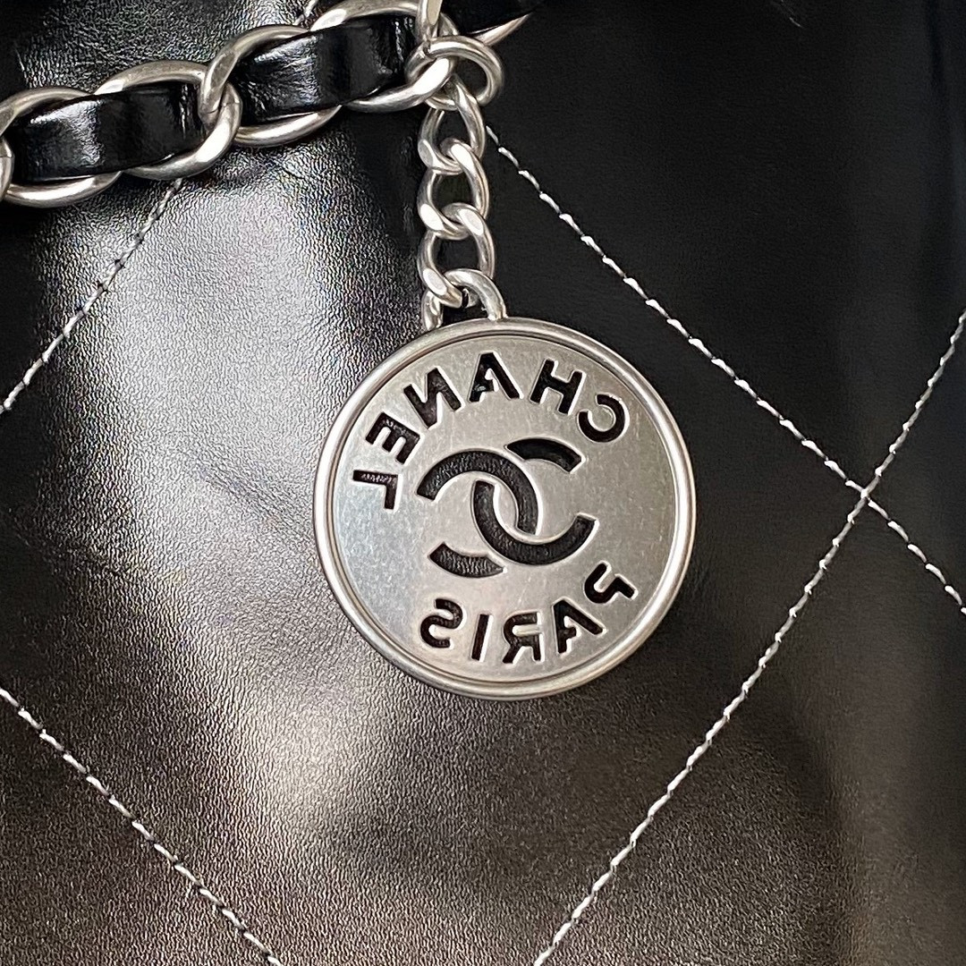 Ch*el 22 handbag shiny calfskin silver 15.2×16.4×3.1 in