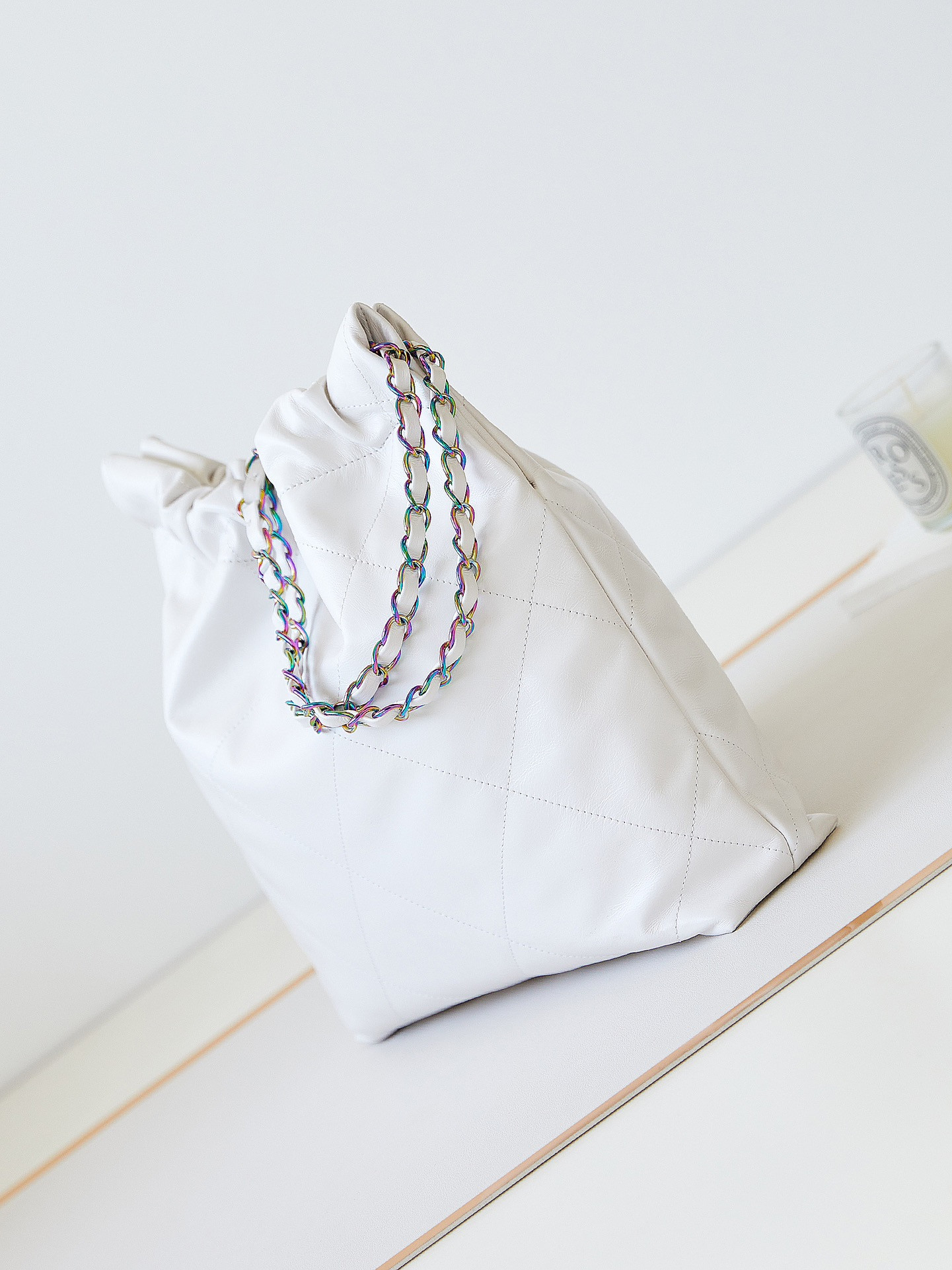 Ch*el 22 small handbag shiny calfskin & rainbow metal white 13.7×14.4×2.7 in