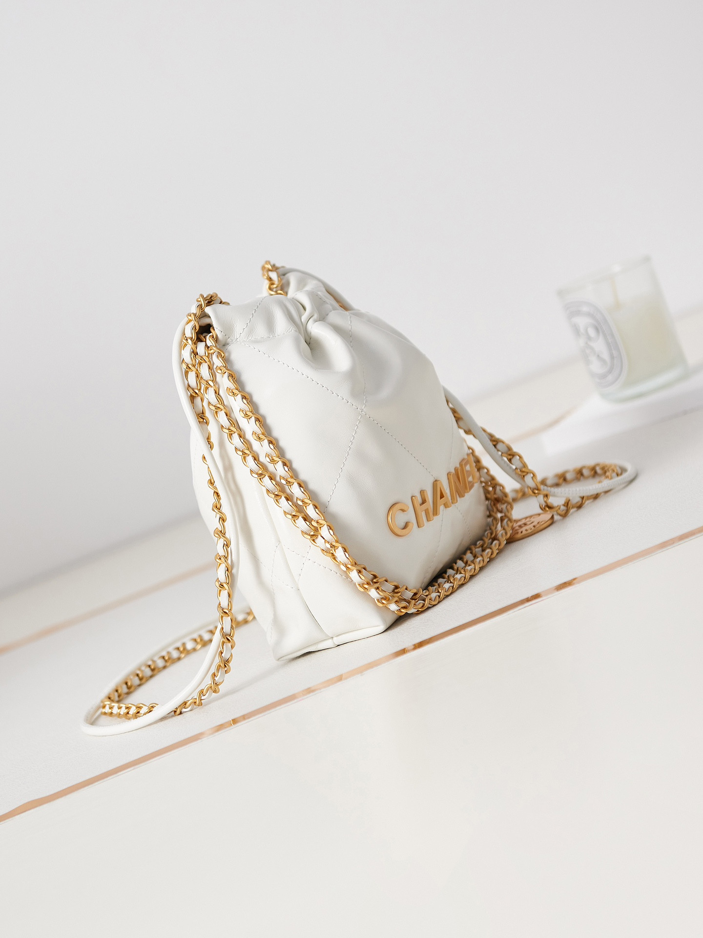 Ch*el 22 mini handbag shiny calfskin & gold-tone metal white 7.8 × 7.4 × 2.3 in