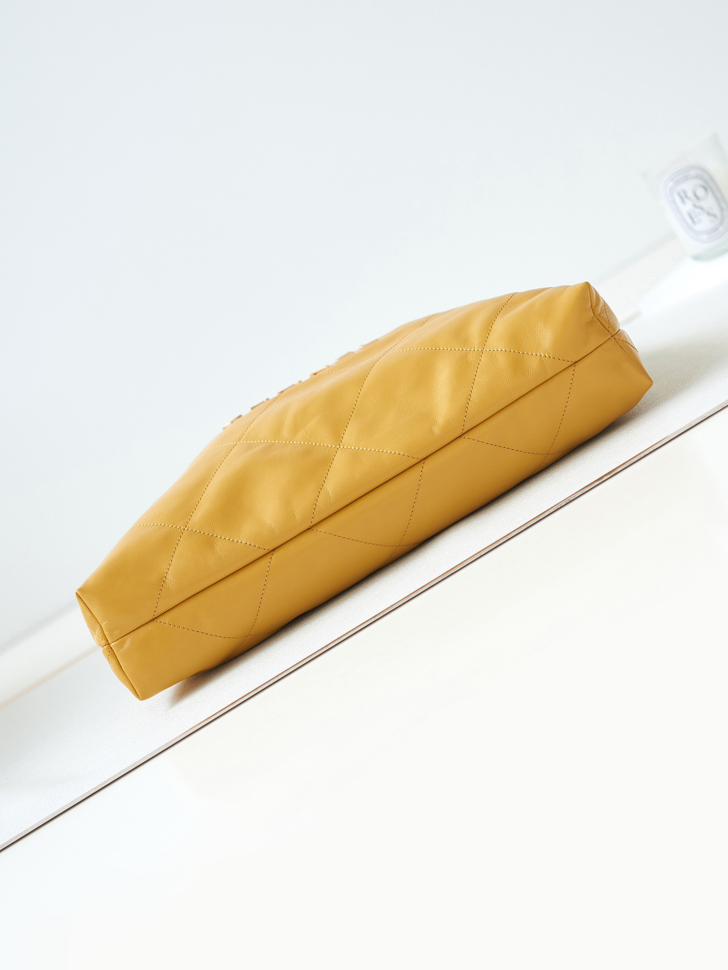 Ch*el 22 small handbag shiny calfskin yellow 15.2×16.4×3.1 in