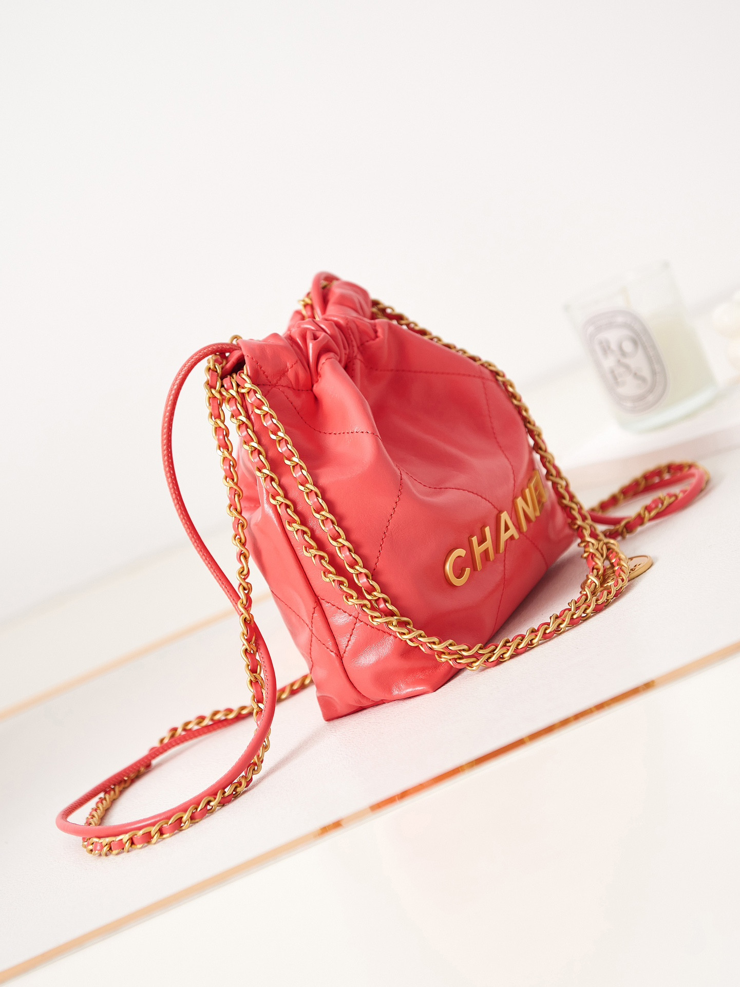 Ch*el 22 mini handbag shiny calfskin red 7.8 × 7.4 × 2.3 in