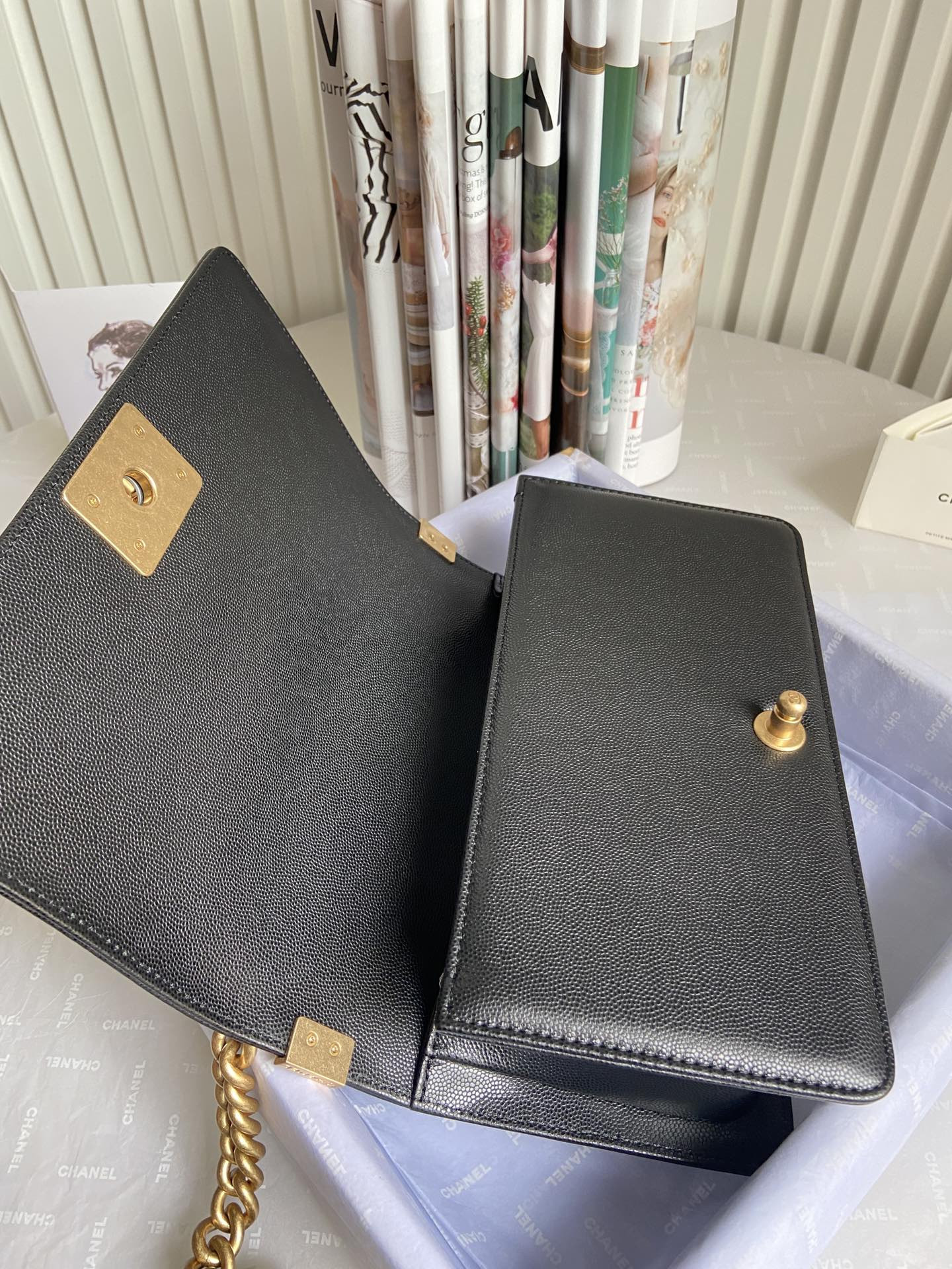 boy Ch*el handbag shiny grained calfskin black 5.9 × 9.8 × 3.5 in