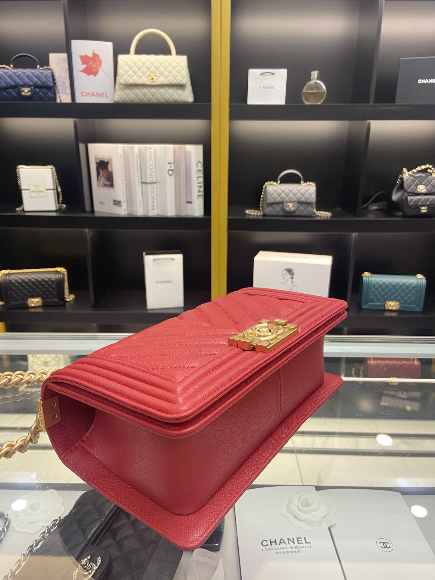 boy Ch*el handbag shiny red grained calfskin & gold-tone metal 5.9 × 9.8 × 3.5 in