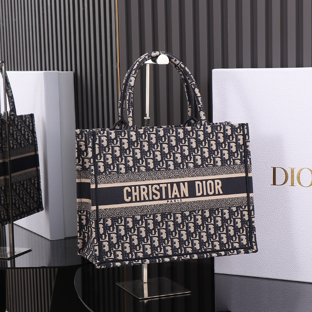 medium D*or book tote ecru and blue D*or oblique embroidery 14 x 11 x 6.5 inches