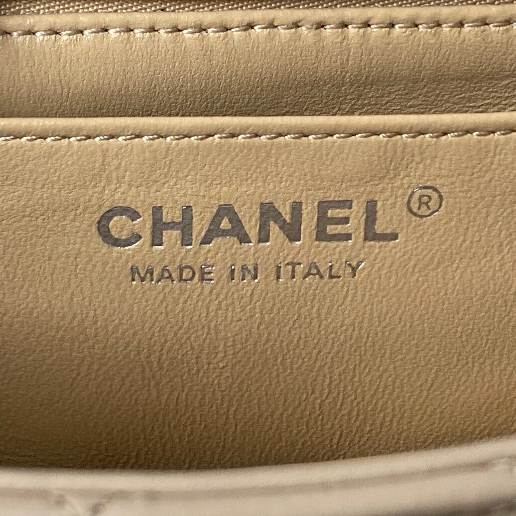 Ch*el mini flap bag shiny calfskin & silver-tone metal light beige 4.7 × 7.8 × 2.3 in