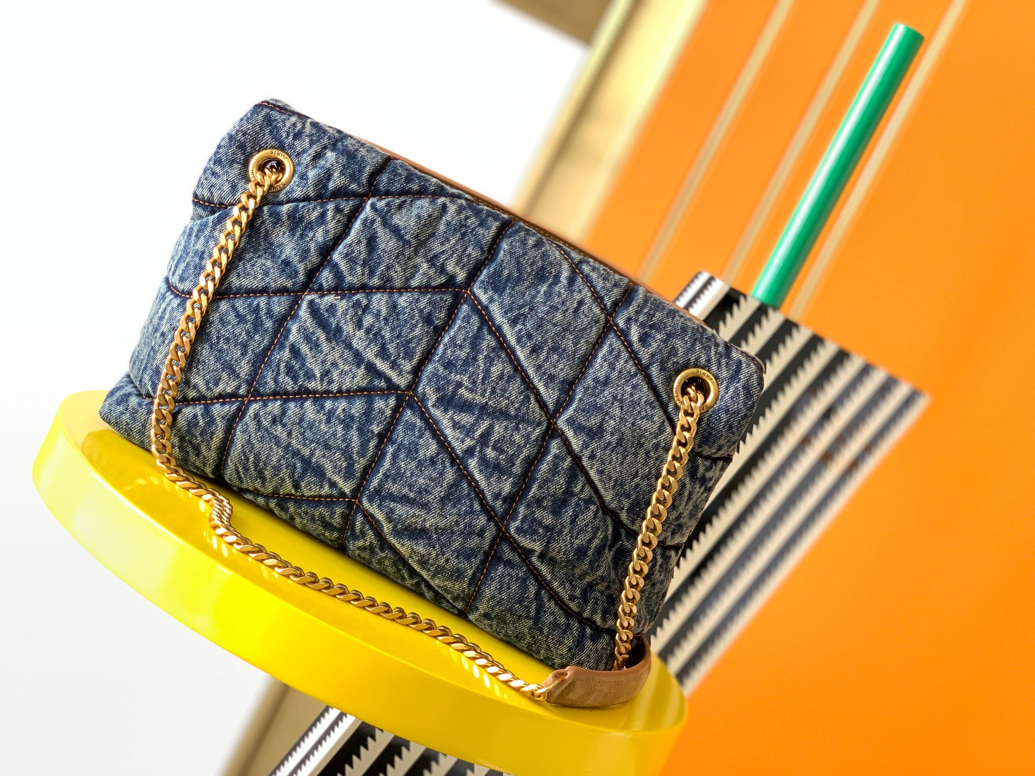 Y*L puffer small in suede and denim light blue 11.4 x 6.6 x 4.3 inches