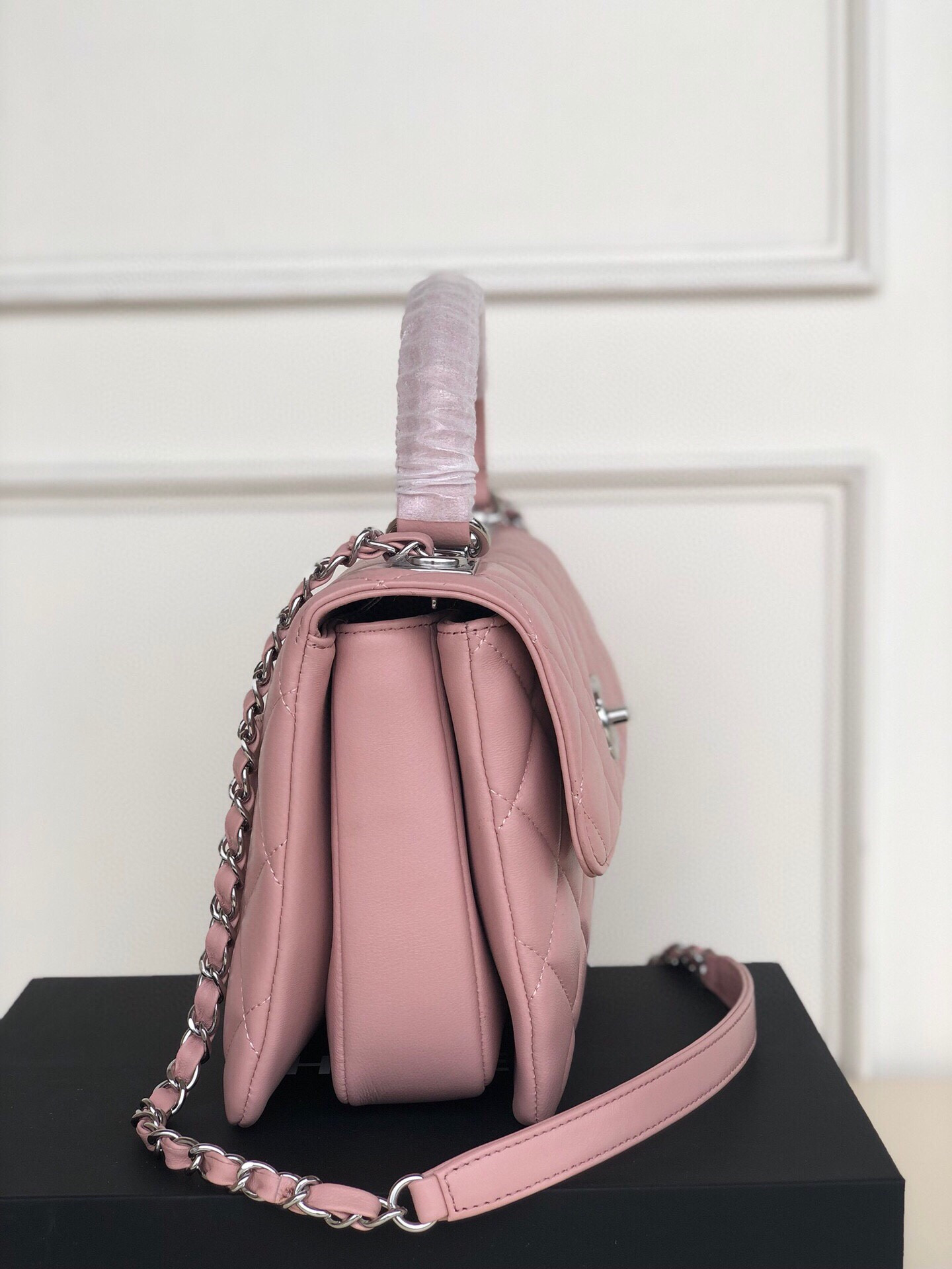 Ch*el flap bag with top handle 6.6 × 9.8 × 4.7 in