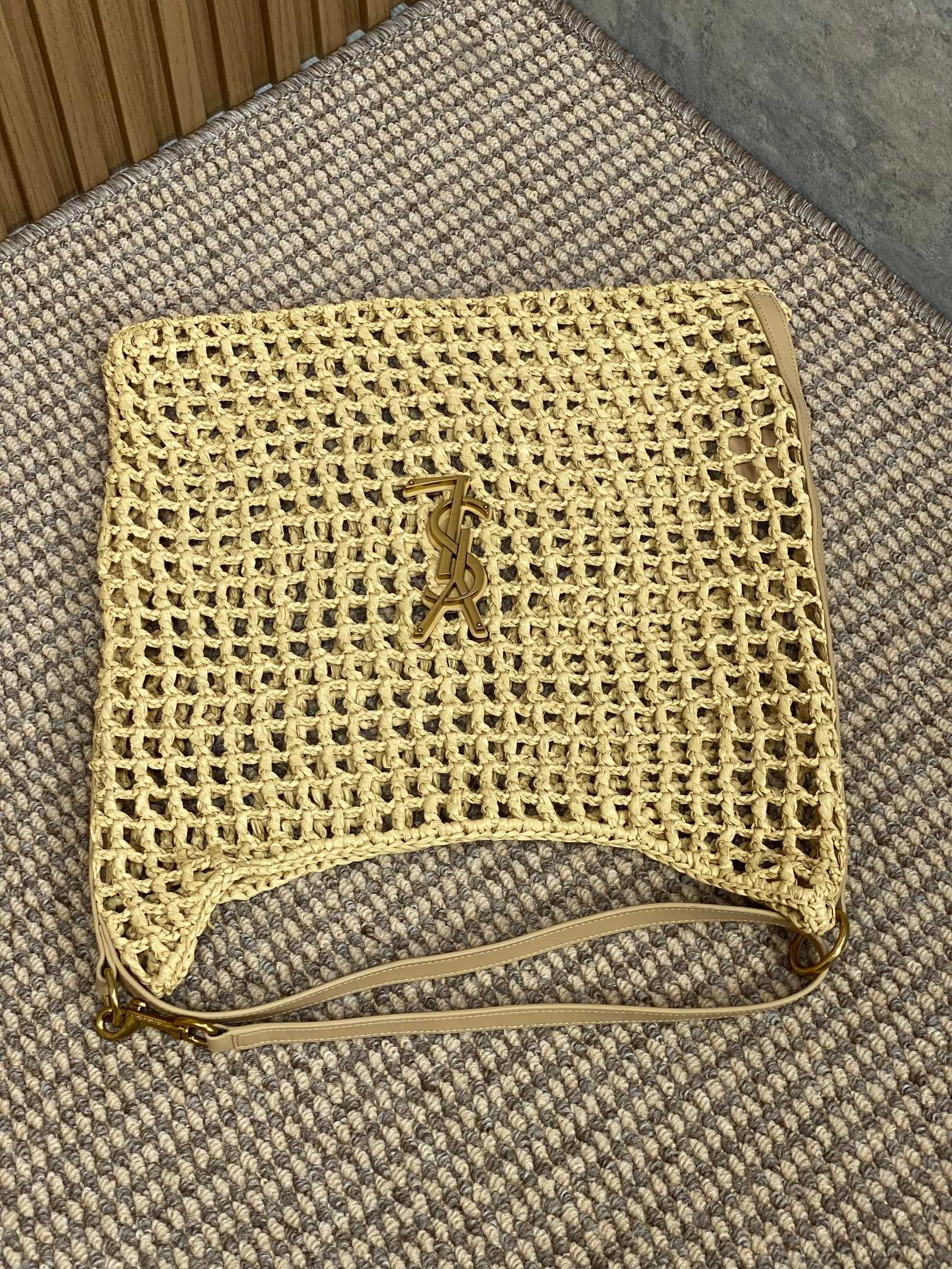 Y*L oxalis bag in raffia macramÉ color natural 14.6x15.7x1.2inches