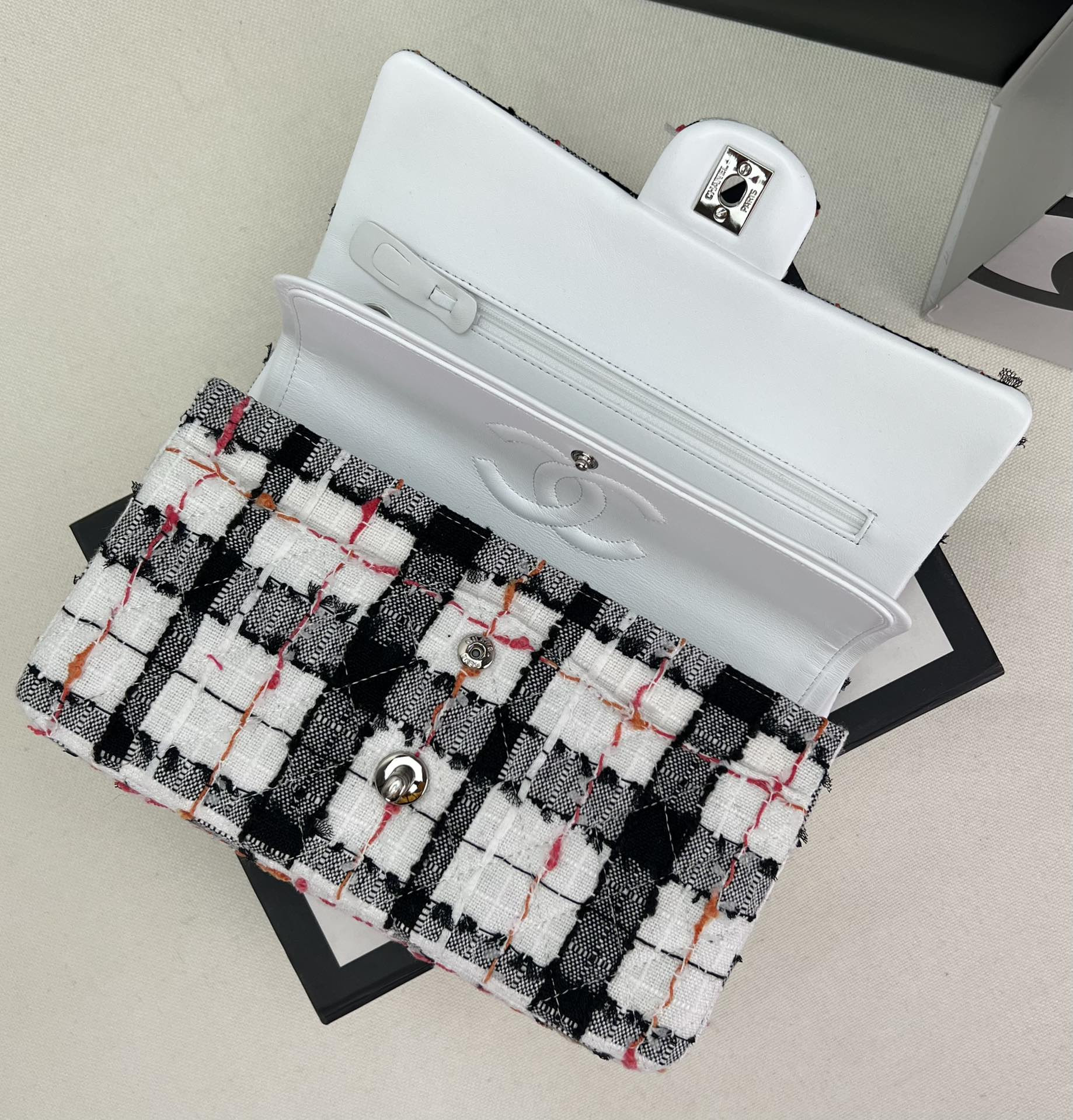 Ch*el classic 11.12 handbag tweed & silver-tone metal   6 × 9.9 × 2.5 in