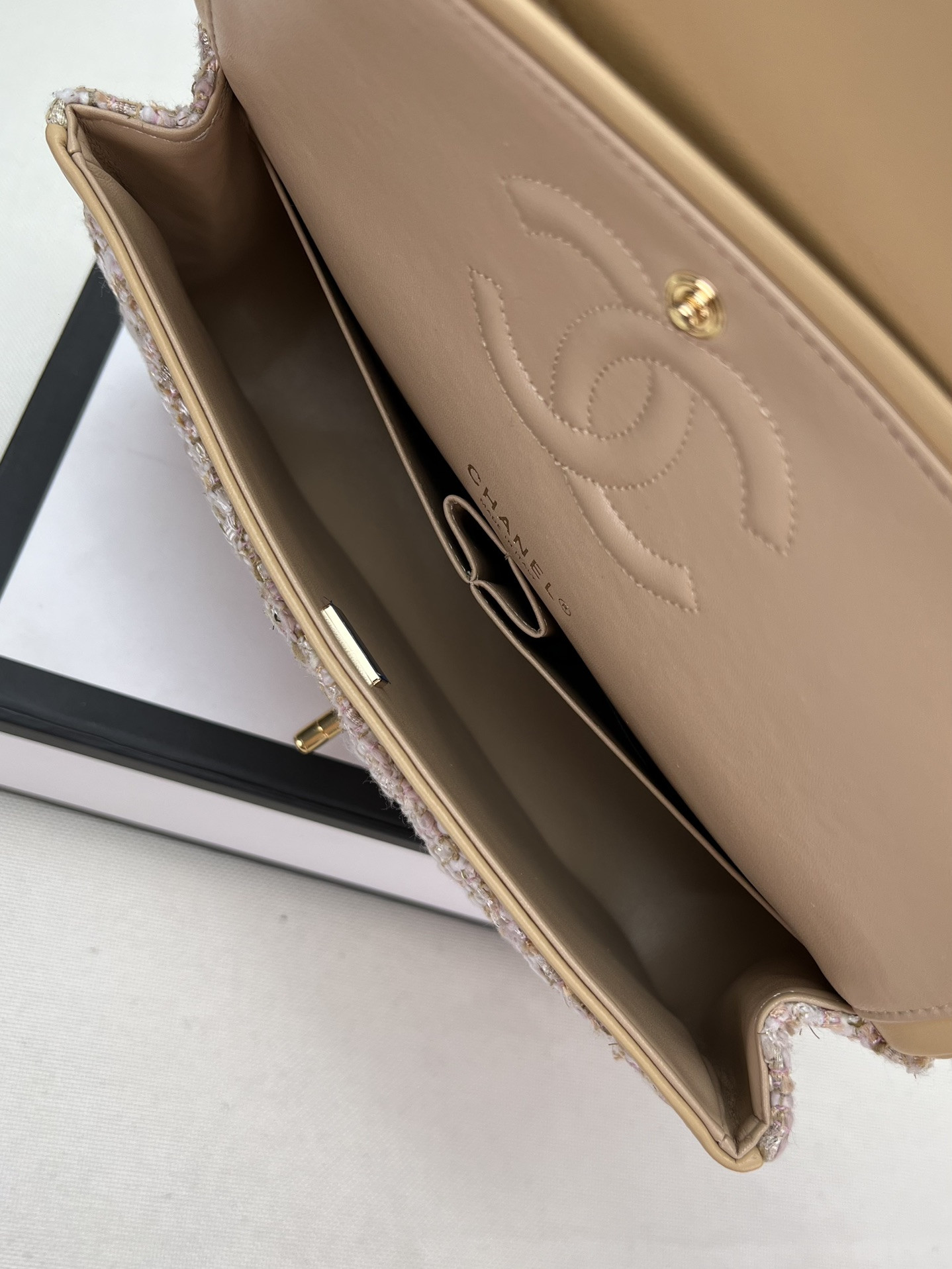 Ch*el classic 11.12 handbag tweed & gold-tone metal   6 × 9.9 × 2.5 in