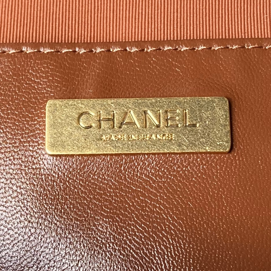 Ch*el mini bag with top handle shiny lambskin & gold-tone metal brown 12 × 18 × 7 cm